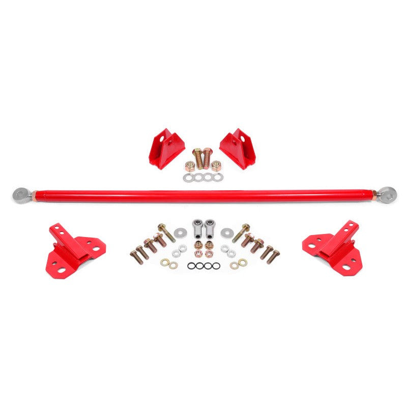 BMR SM762R red powder-coated rear shock mount kit with DOM tubing, plate steel brackets, and Grade 8 hardware.