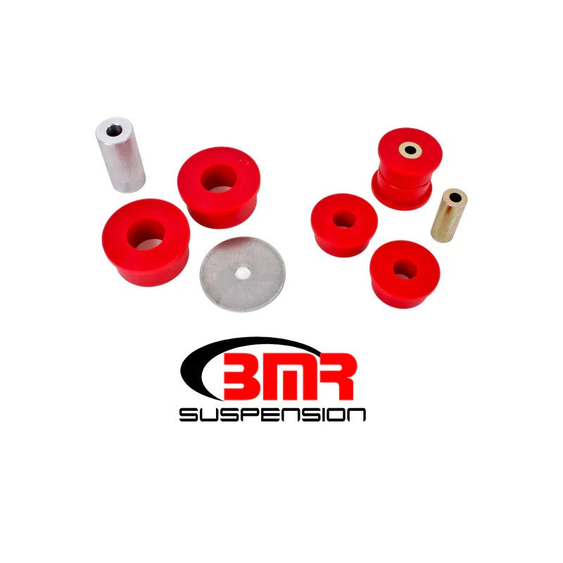 BMR BK058 red polyurethane differential bushing kit showing four two-piece bushings for 6th Gen Camaro.