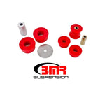 BMR BK058 red polyurethane differential bushing kit showing four two-piece bushings for 6th Gen Camaro.