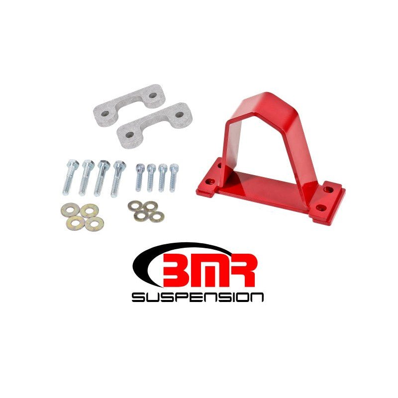 Red powder-coated steel BMR front driveshaft safety loop with Grade 8 mounting hardware.