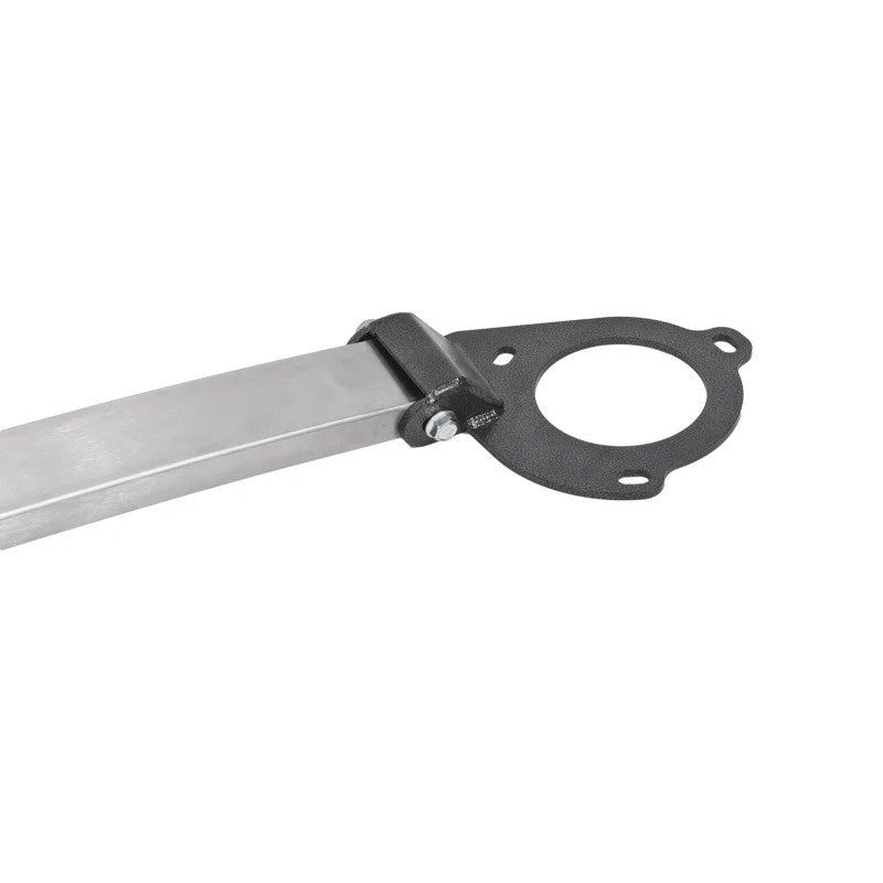 Stainless steel front strut tower brace in a natural finish for the 2016-2017 Chevrolet Camaro