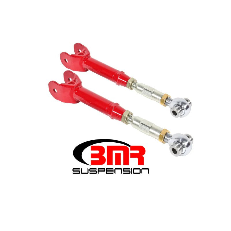 Red BMR Suspension on-car adjustable lower trailing arms with chrome-moly rod ends for 6th Gen Camaro.