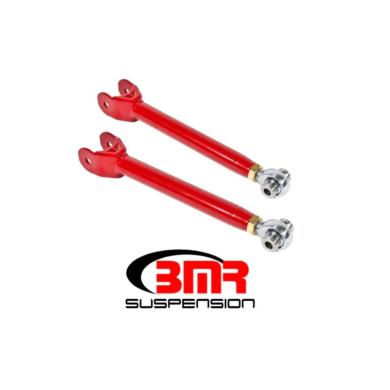 Red powdercoated BMR lower trailing arms with chrome-moly rod ends and stainless spacers for 2016-2020 Camaro.