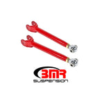 Red powdercoated BMR lower trailing arms with chrome-moly rod ends and stainless spacers for 2016-2020 Camaro.