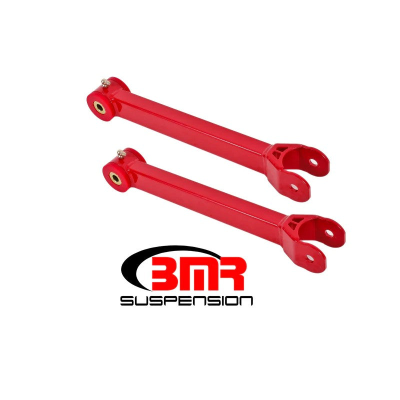 Red BMR non-adjustable lower trailing arms with polyurethane bushings for 2016-2020 Chevrolet Camaro