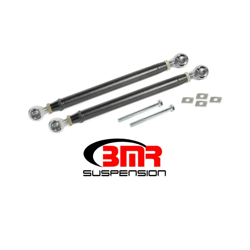 BMR TR007H black hammertone double adjustable rear toe rods with chrome-moly rod ends and aluminum spacers.