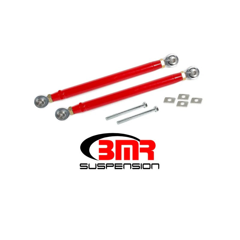 Red powdercoated BMR Suspension double adjustable toe rods with chrome-moly rod ends and lockout plates for 6th Gen Camaro.