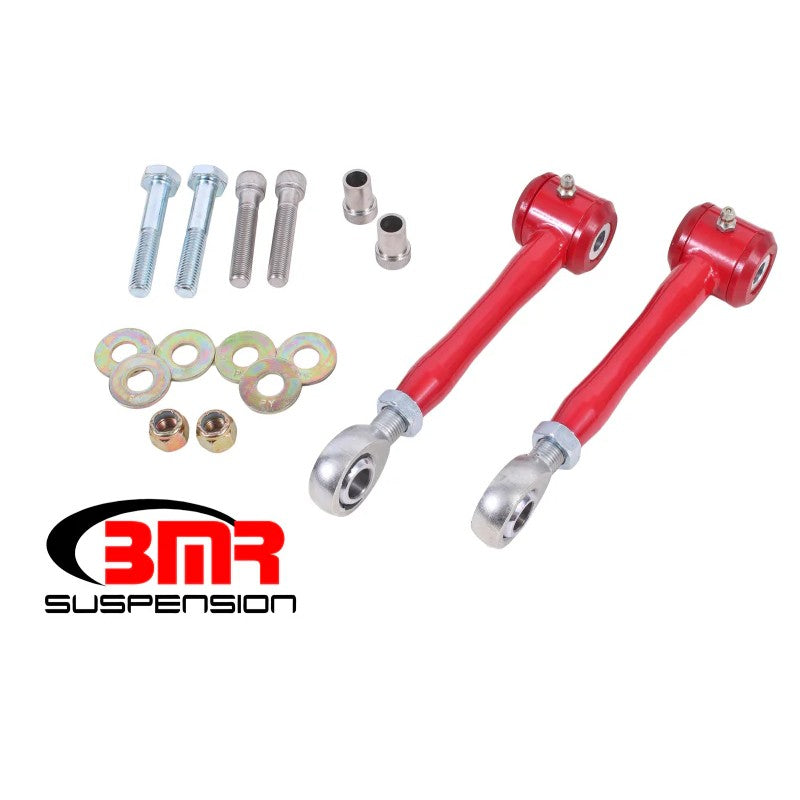 BMR Red 2016-2024 Camaro rear sway bar end link kit featuring CNC-machined billet steel bodies and greasable bushings.