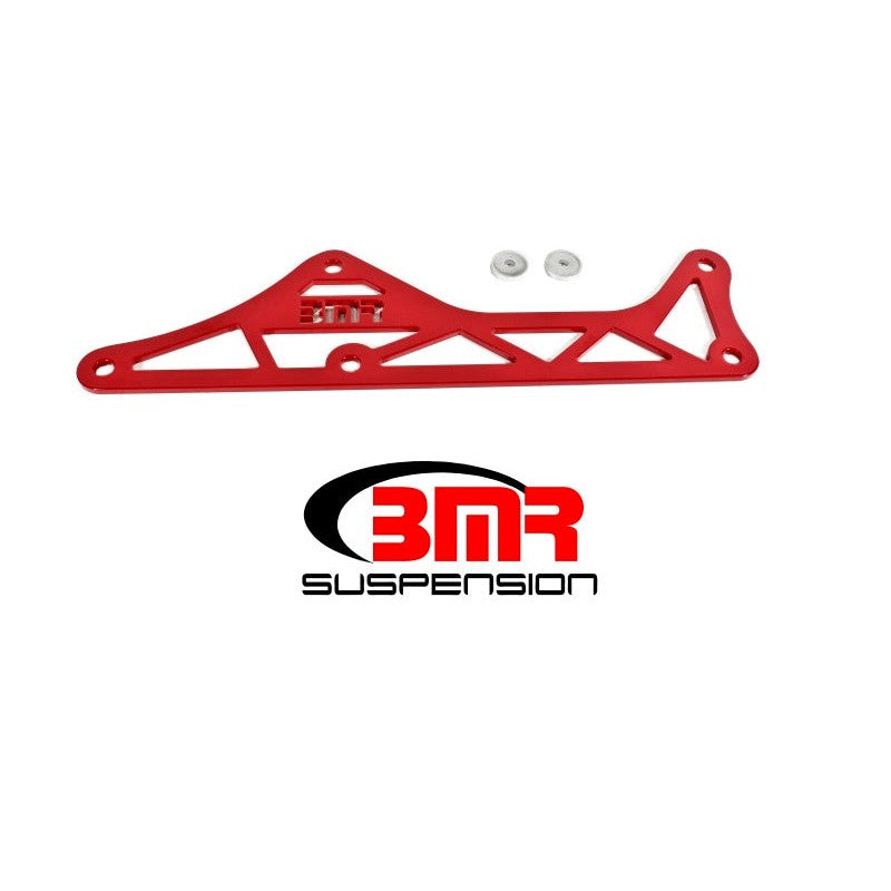 Red powder-coated 3/16-inch steel BMR driveshaft tunnel brace for Chevrolet Camaro and Cadillac CTS V