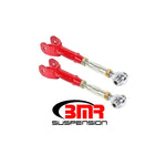 Red powdercoated BMR upper trailing arms for 6th Gen Camaro with chrome-moly rod ends and stainless steel spacers.