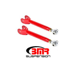 Red BMR upper trailing arms with adjustable chrome-moly rod ends and stainless steel spacers for 6th Gen Camaro.