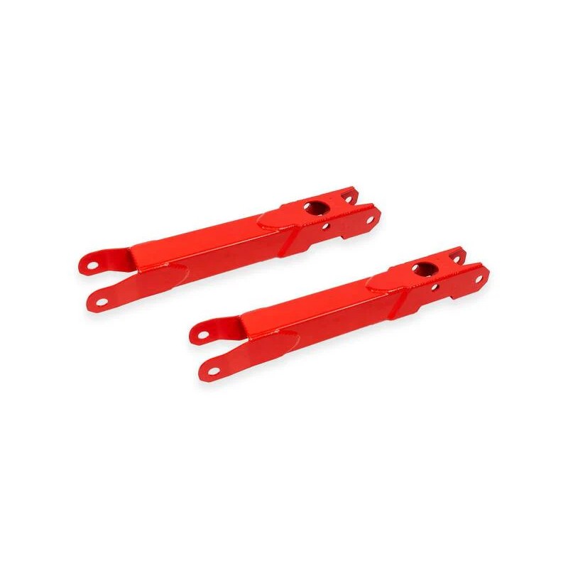 Red powder-coated BMR non-adjustable rear lower control arms for 2016-2024 Chevrolet Camaro