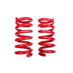 Two red BMR high-tensile rear lowering springs for 2015-2024 MagneRide Ford Mustangs.