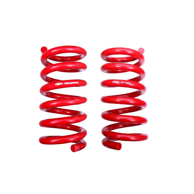 Two red BMR high-tensile rear lowering springs for 2015-2024 MagneRide Ford Mustangs.