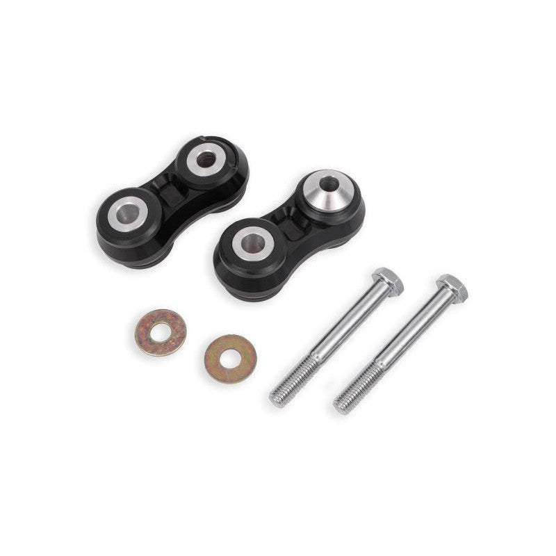 BMR VL765 black anodized billet aluminum rear vertical links with Delrin bushings for Ford Mustang.