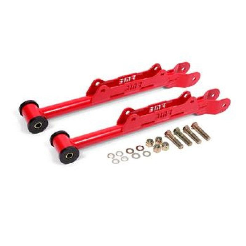 BMR red powder-coated 1.5-inch DOM steel rear lower control arms with Delrin bushings for 2010-2015 Camaro.