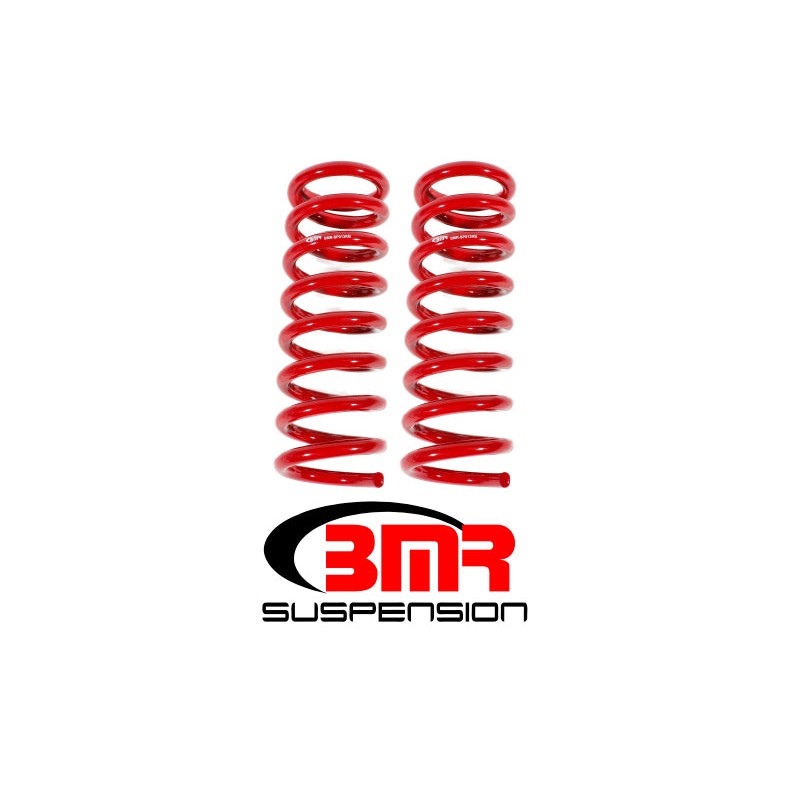 A pair of red BMR front lowering springs for 1964-1972 GM A-body vehicles.