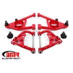 Red powder coated upper and lower front control arms with polyurethane bushings for 1964-1972 GM A-Body vehicles.