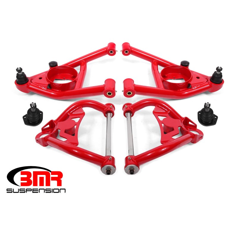 Red powder coated upper and lower front control arms with polyurethane bushings for 1964-1972 GM A-Body vehicles.