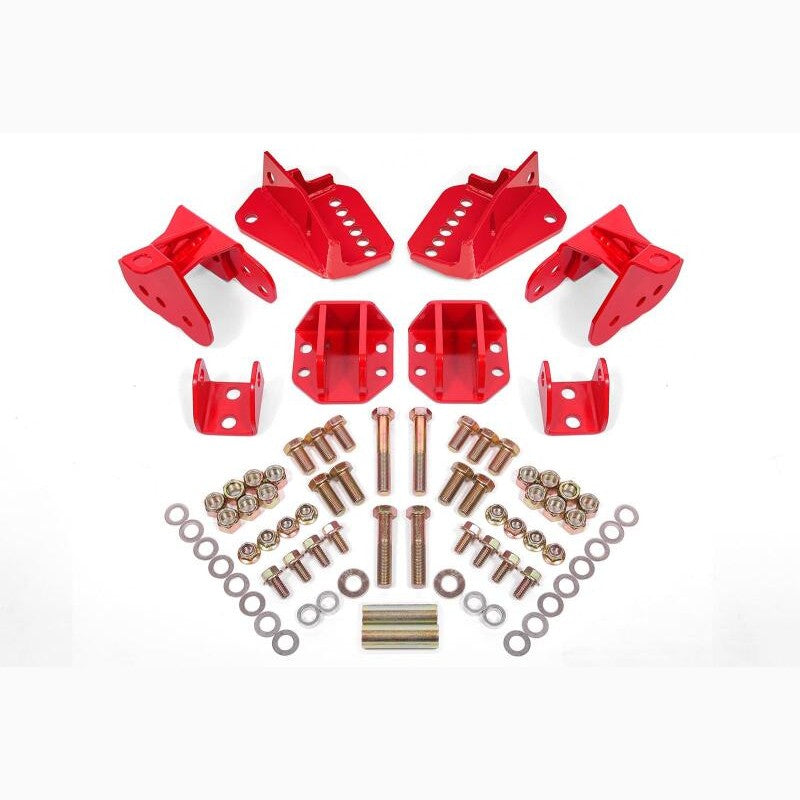 Red CNC-laser cut steel BMR rear coilover conversion brackets for 1964-1972 GM A-Body vehicles.
