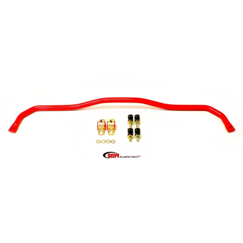 Red BMR 1.25-inch hollow front sway bar with black polyurethane bushings and zinc-plated mounting saddles.