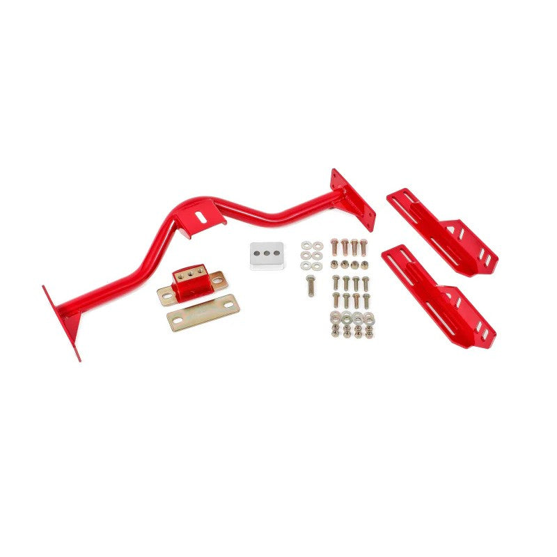 Red BMR TCC005R transmission conversion crossmember for 1967-1969 F-Body Chevrolet Camaro and Pontiac Firebird.