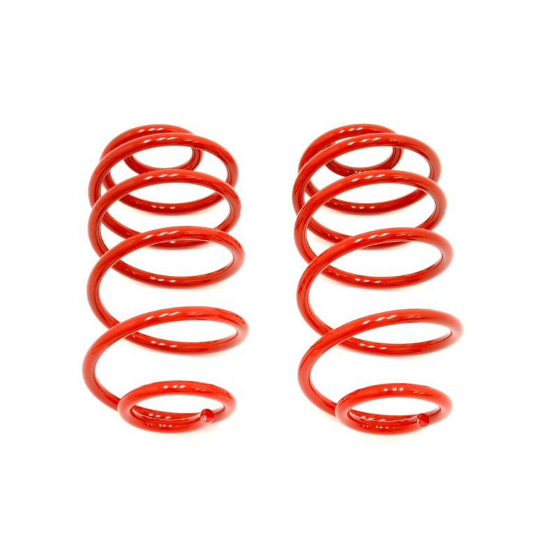 Pair of red powdercoated BMR SP015R 2-inch rear lowering springs for 1967-1972 GM A-Body vehicles.