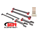 BMR RSK017H non-adjustable rear control arms and reinforcement braces in a black hammertone powdercoat finish.