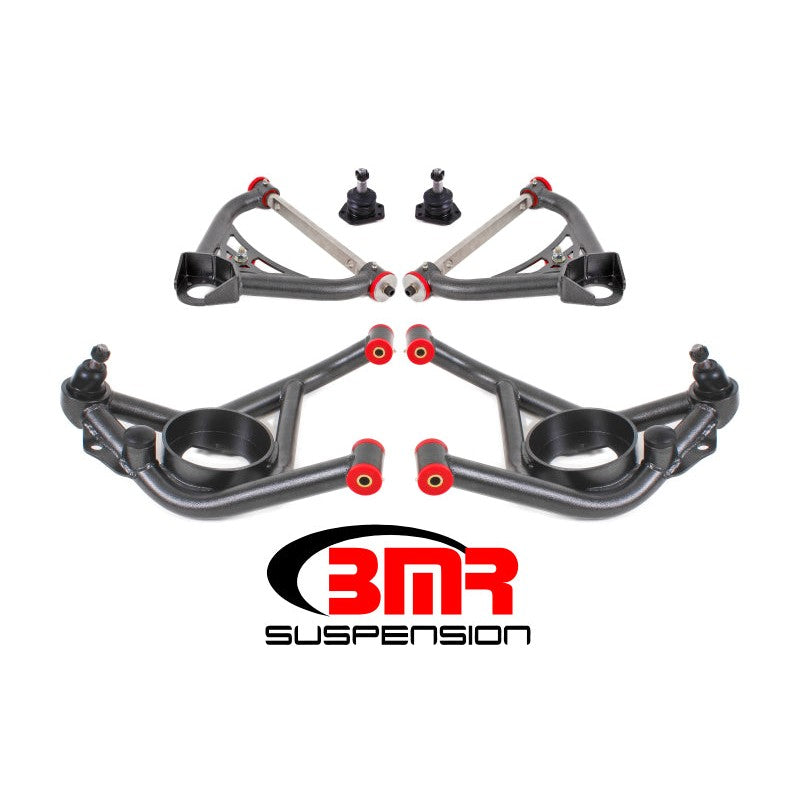 BMR Black Hammertone upper and lower control arm kit with polyurethane bushings and ball joints for 1970-1981 GM vehicles.