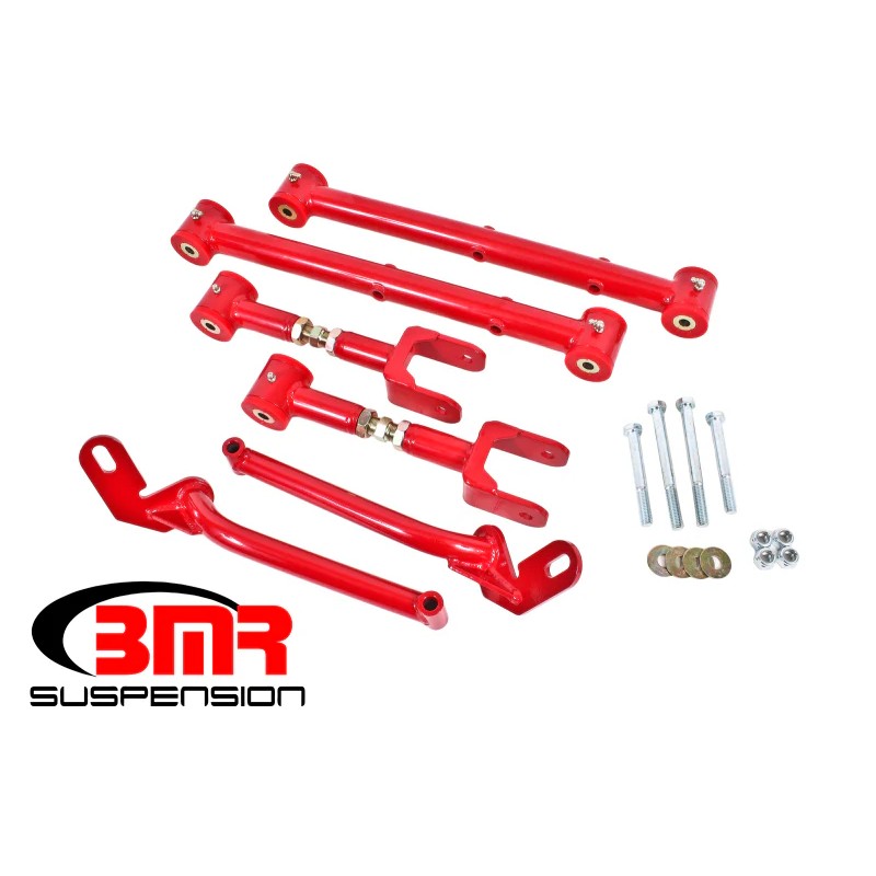 BMR Red Rear Suspension Kit for 1978-1987 G-Body with adjustable upper arms, lower control arms, and frame braces.