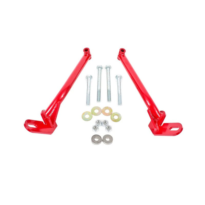 Red powder coated BMR steel chassis reinforcement braces for 1978-1987 GM G-Body control arm mounting points.