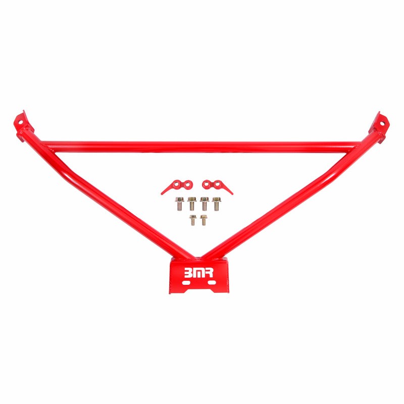Red powder coated BMR DOM steel front reinforcement chassis brace for 1978-1987 GM G-Body with mounting hardware.