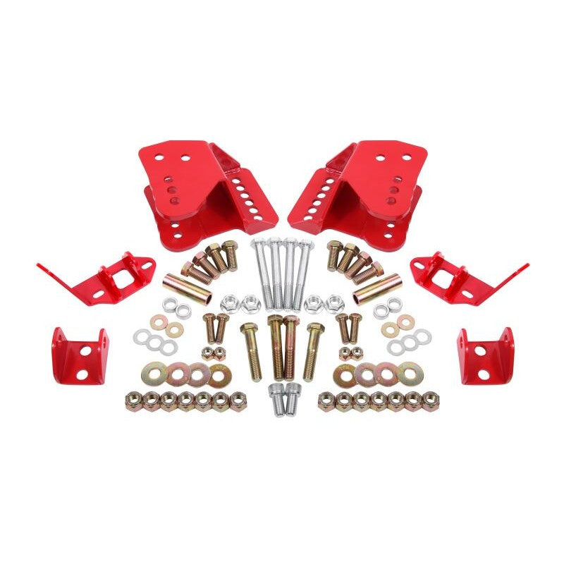 Red powder-coated steel rear coilover conversion brackets for 1978-1987 GM G-Body vehicles.