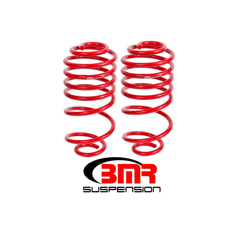 Pair of red BMR Suspension rear lowering springs for 1978-1987 Buick Regal, Chevy Monte Carlo, and GM G-Body vehicles.