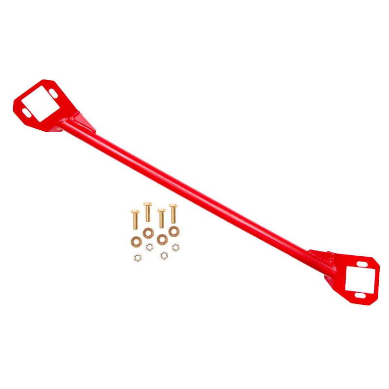 Red powdercoated DOM steel rear shock tower brace with laser-cut mounting plates for 1978-1987 G-Body vehicles.