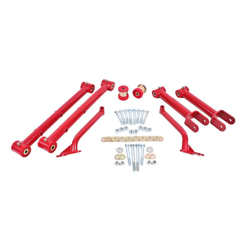 Red powdercoated BMR rear suspension kit components for 1978-1987 GM G-Body chassis.