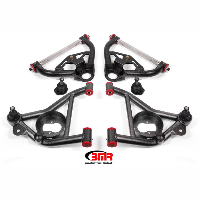 BMR AA030H tubular upper and lower A-arm kit in black hammertone finish with greasable bushings and ball joints.