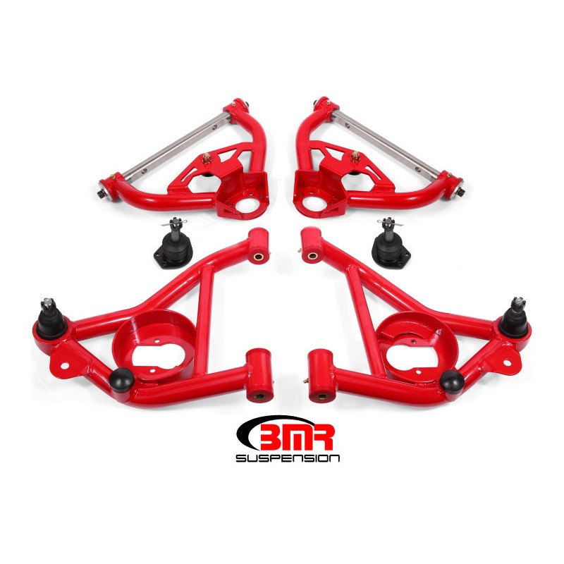 BMR Suspension red powdercoated tubular upper and lower A-arm kit for 1978-1987 GM G-Body vehicles.