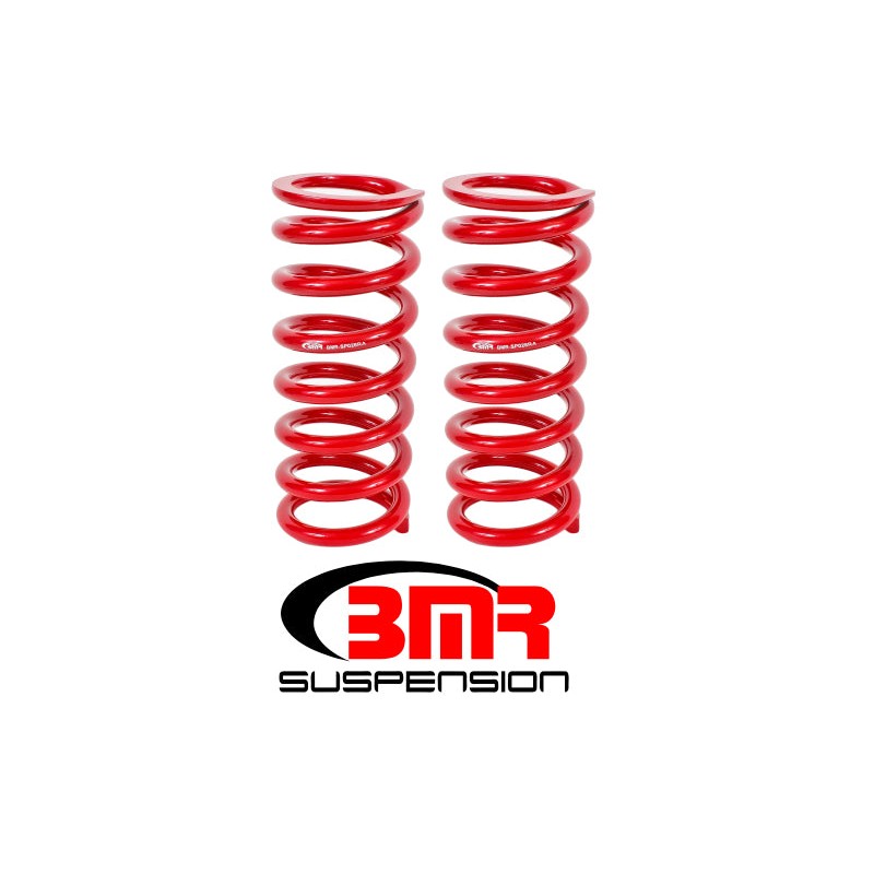 A pair of red BMR front lowering springs for 1979-2004 Ford Mustang performance suspension.