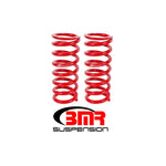 A pair of red BMR front lowering springs for 1979-2004 Ford Mustang performance suspension.