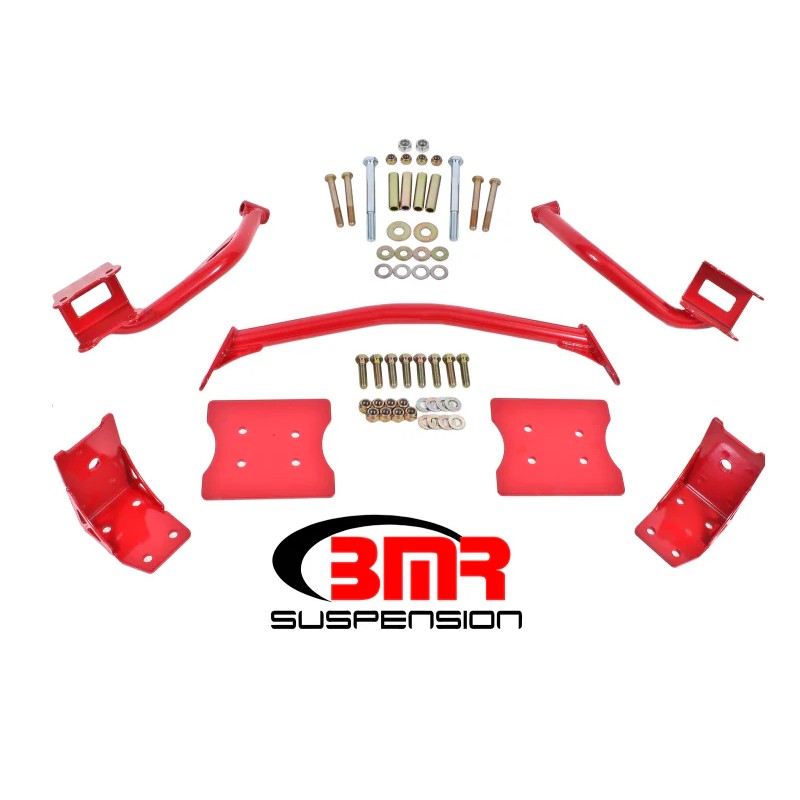 Red powdercoated BMR torque box reinforcement plates and DOM steel tubing braces for 1979-2004 Ford Mustang.