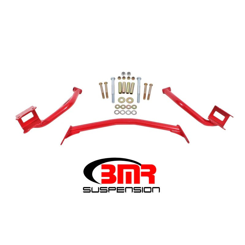 Red BMR tubular upper torque box reinforcement plates for 1979-2004 Ford Mustang chassis.