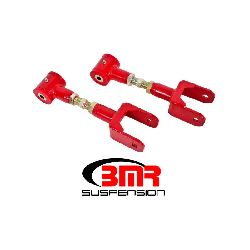 Red BMR on-car adjustable upper control arms with poly bushings for 1979-2004 Ford Mustang Fox Body and SN95.
