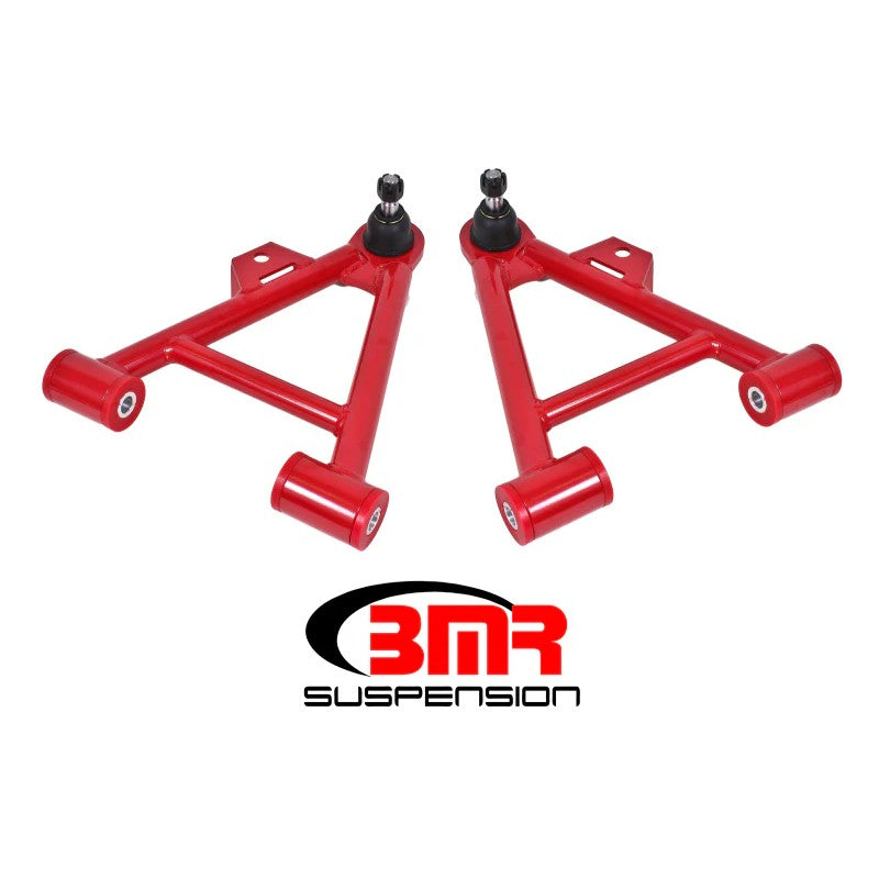 Red powder-coated tubular lower control arms for 1979-1993 Ford Mustang with polyurethane bushings and ball joints.
