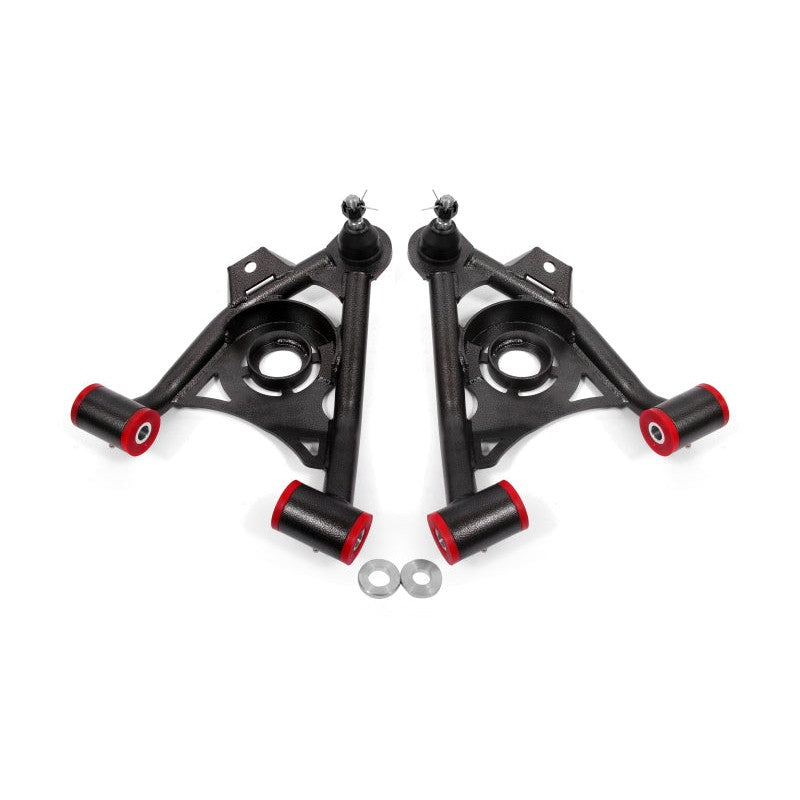 BMR Black Hammertone non-adjustable lower A-arms with spring pockets for 1979-1993 Ford Mustang Fox Body.