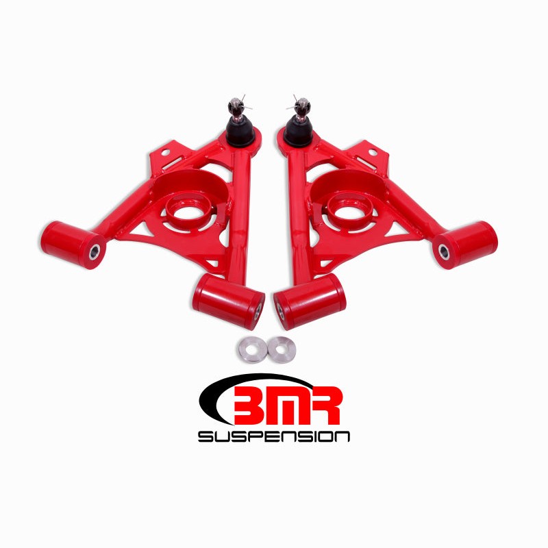 Red BMR non-adjustable lower A-arms with polyurethane bushings and spring pockets for 1979-1993 Ford Mustang.