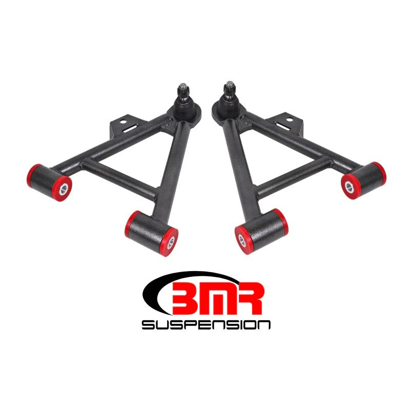 BMR Black Hammertone non-adjustable lower A-arms for 1979-1993 Ford Mustang with polyurethane bushings and ball joints.