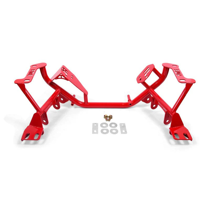 Red powdercoated BMR tubular steel K-member for 1979-1995 Ford Mustang Fox Body and SN95