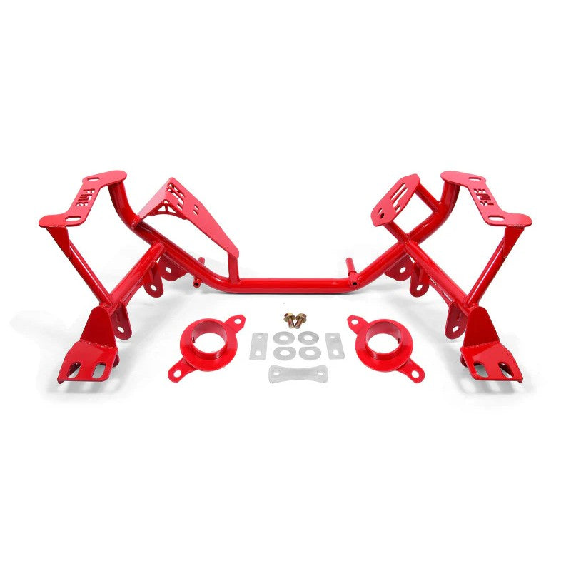 Red powdercoated BMR Suspension K-member with integrated spring perches for 1979-1995 Ford Mustang KM732R.