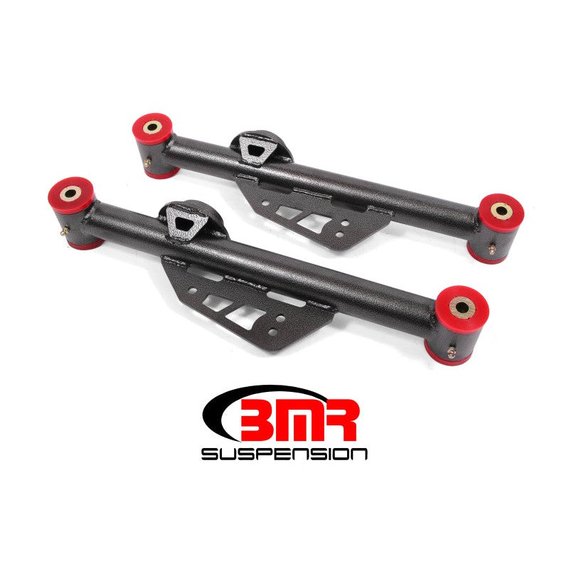 BMR non-adjustable rear lower control arms in Black Hammertone with red polyurethane bushings for 1979-1998 Ford Mustang